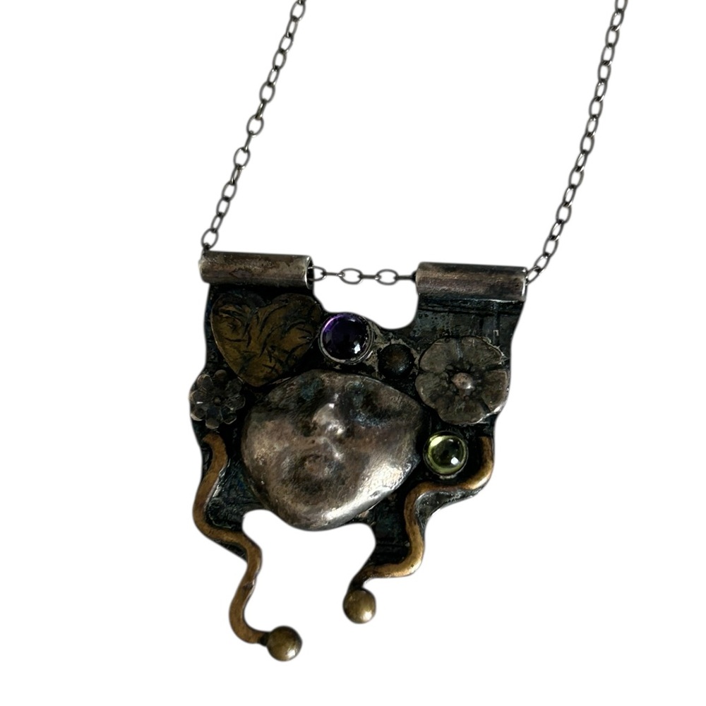 M Luciuk Sterling Silver Lady Flower Pendant Necklace W Peridot & Amethyst